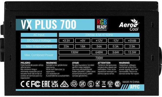 Aerocool Vx Plus Stealth 700 rev. 2.3 700W Черно Захранващо Блокче за Компютър Full Wired 80 Plus Standard