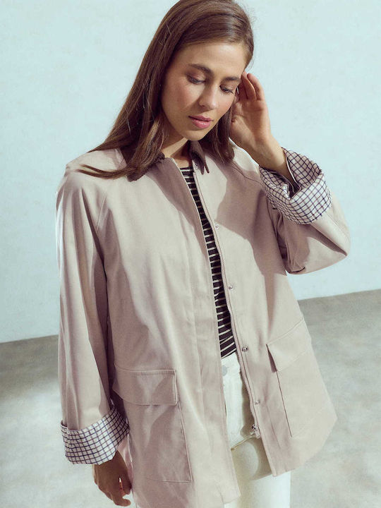Γυναικείο Μπουφάν Parka Κοτλέ Γιακά Loose Fit Μπεζ