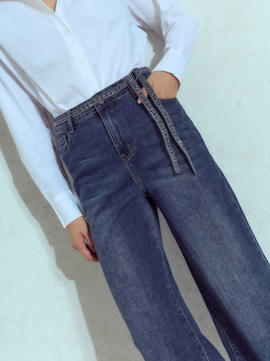 Celestino Women's Jeans Wide Leg Strass On the Waist Loose Fit Dark Blue