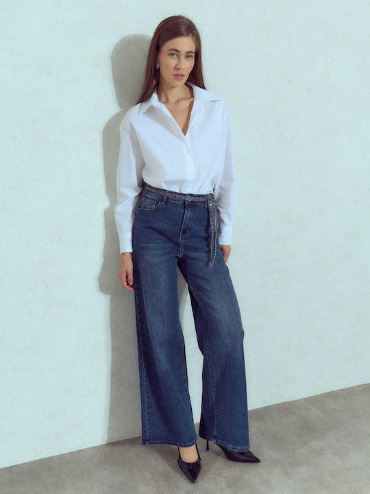 Celestino Women's Jeans Wide Leg Strass On the Waist Loose Fit Dark Blue