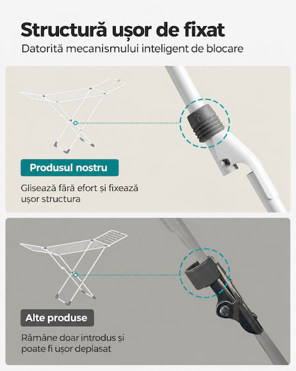 Songmics Uscător de Rufe Pliabil de Pardoseală Inox cu Lungimea Suportului de Uscare a Hainelor 18m