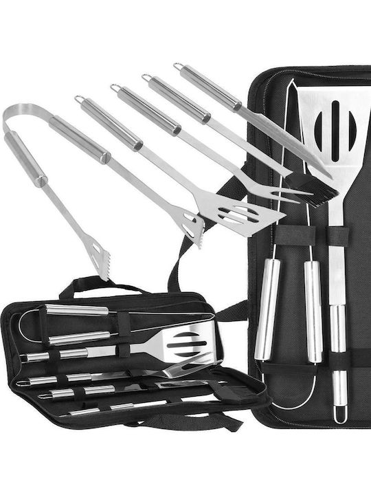 Set de ustensile pentru grătar din oțel inoxidabil, 5 piese, cu husă de transport 37x14x5 cm, argintiu