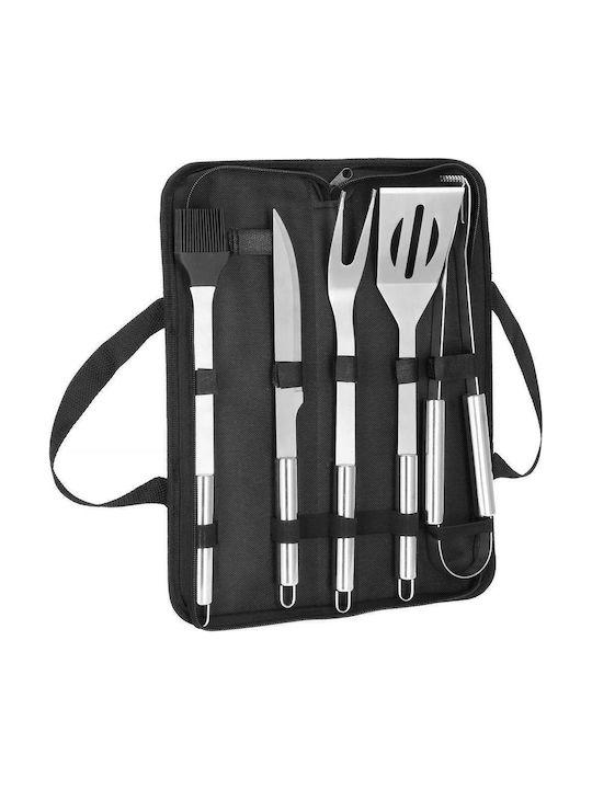 Set de ustensile pentru grătar din oțel inoxidabil, 5 piese, cu husă de transport 37x14x5 cm, argintiu