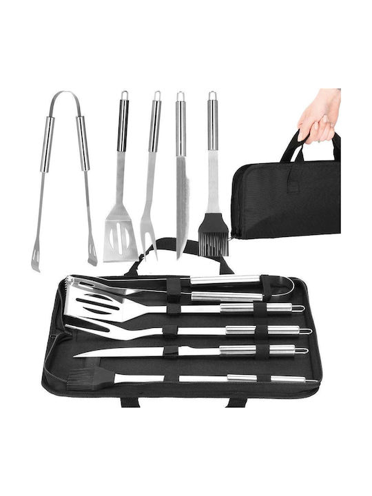 Set de ustensile pentru grătar din oțel inoxidabil, 5 piese, cu husă de transport 37x14x5 cm, argintiu