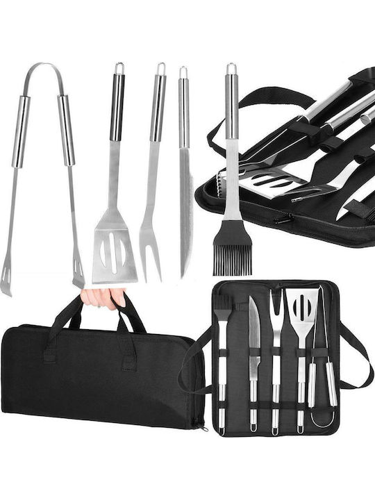 Set de ustensile pentru grătar din oțel inoxidabil, 5 piese, cu husă de transport 37x14x5 cm, argintiu