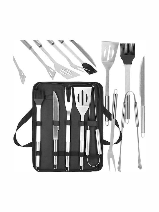 Set de ustensile pentru grătar din oțel inoxidabil, 5 piese, cu husă de transport 37x14x5 cm, argintiu
