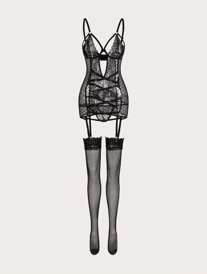 Roza Rz2341 Women Black Lingerie Set Chemise Lace String Garters & Lace-up Back