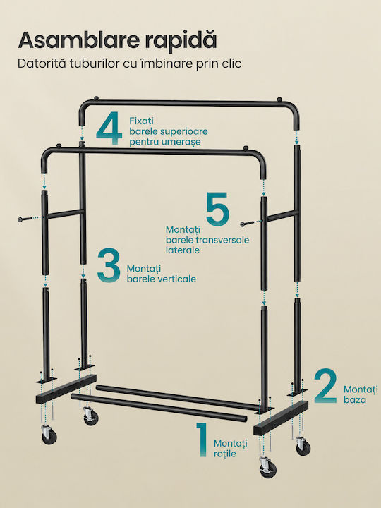 Songmics Cu Roți Rack pentru Îmbrăcăminte din Metal Negru 110x47x156cm