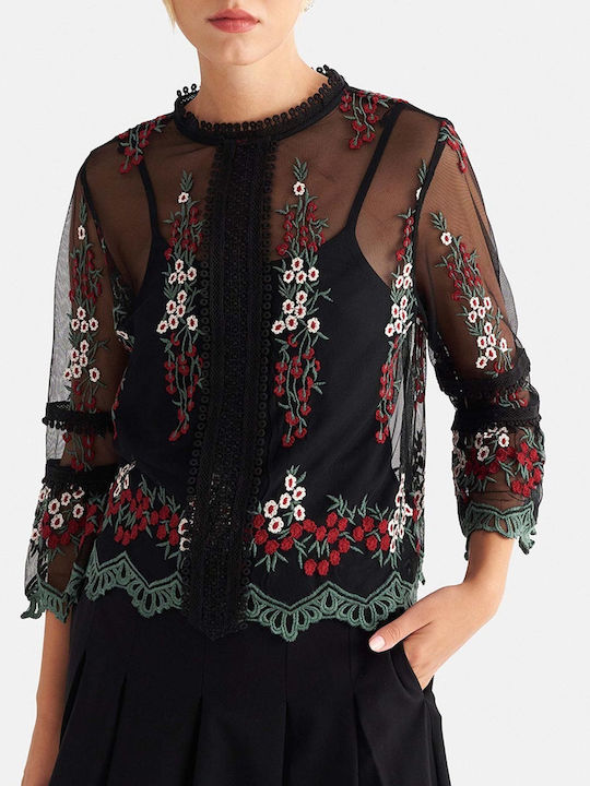 attrattivo Women's Summer Long-Sleeve Floral Black Blouse