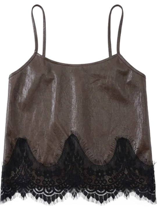 Women's Leather Crop Top with Spaghetti Straps Brown