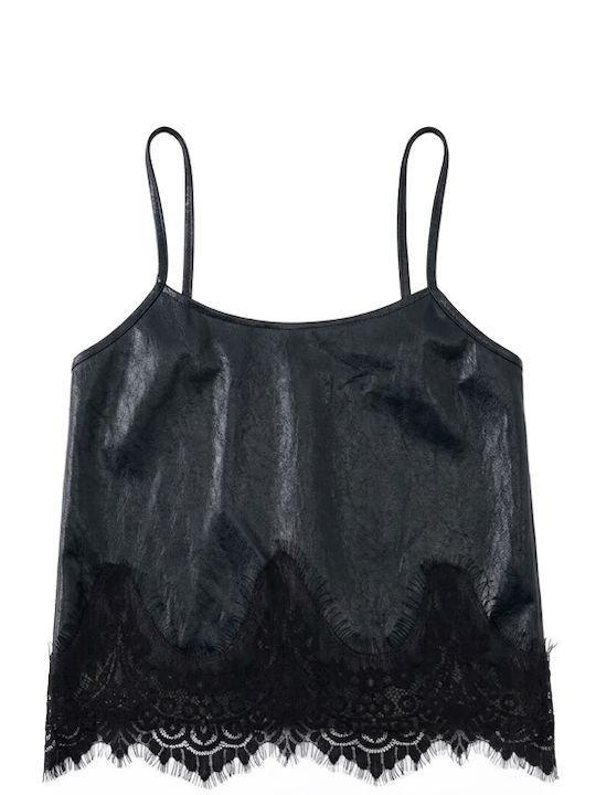 Women's Leather Crop Top with Spaghetti Straps Black