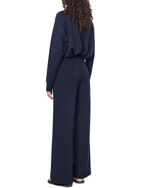 Women's High Rise Fabric Trousers with Rubber Band Blue