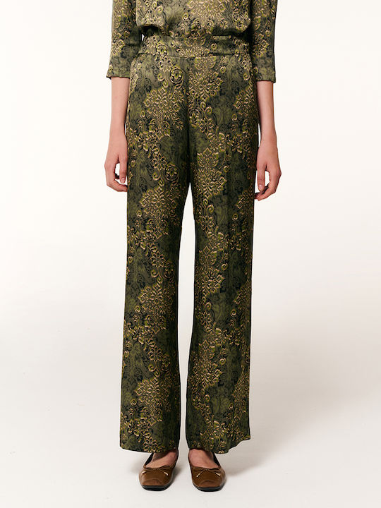 Forel Γυναικείο Σατέν Παντελόνι Floral Green