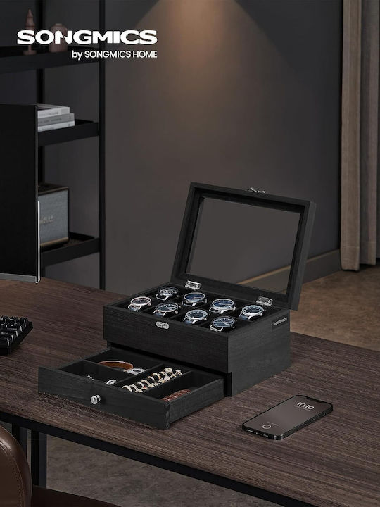 Songmics Кутия за часовници 8 отделения 2 нива Масивно дърво Стъклен капак 27x19x13 Cm Черен Songmics Кутия за часовници 8 отделения 2 нива Масивно дърво Стъклен капак 27x19x13 Cm Черен