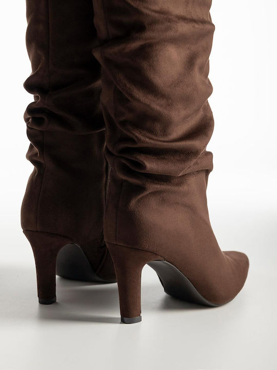 Wildleder Damenstiefel mit hohem Absatz Braune X27-301-9303-KAFE
