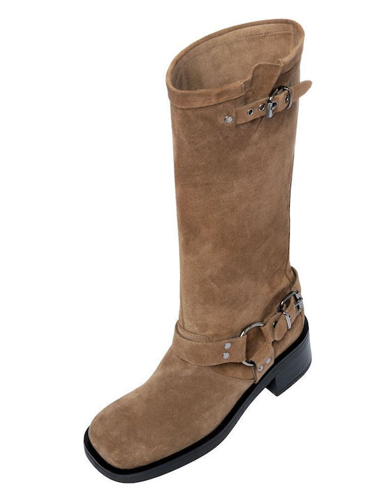 Leder Damenstiefel mit Mittelhohem Absatz Braun