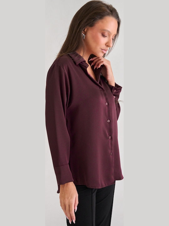 Long Sleeve Women's Satin Shirt Burgundy