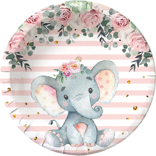 Set 10 Disposable Plates Flippy Elephant Print Cardboard 22 Cm Pink