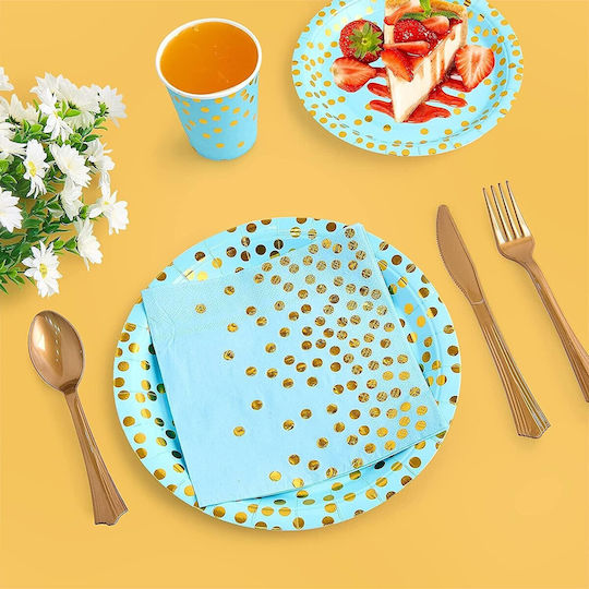 Set 10 Farfurii De Unică Folosință Flippy Cu Buline Din Carton Diametru 23 Cm Albastre Aurii