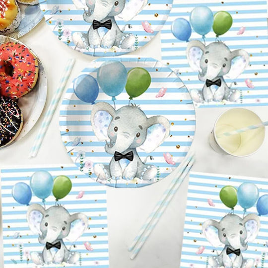 Set 10 Farfurii De Unică Folosință Flippy Cu Imprimeu Elefant Carton 22 Cm Albastre