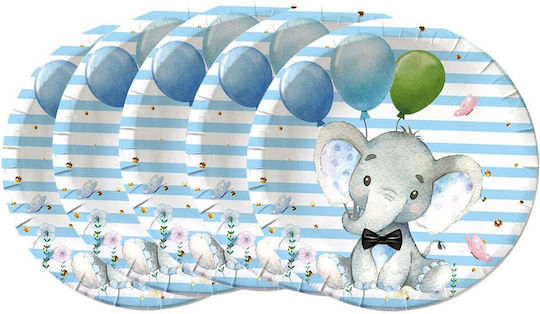 Set 10 Farfurii De Unică Folosință Flippy Cu Imprimeu Elefant Carton 22 Cm Albastre