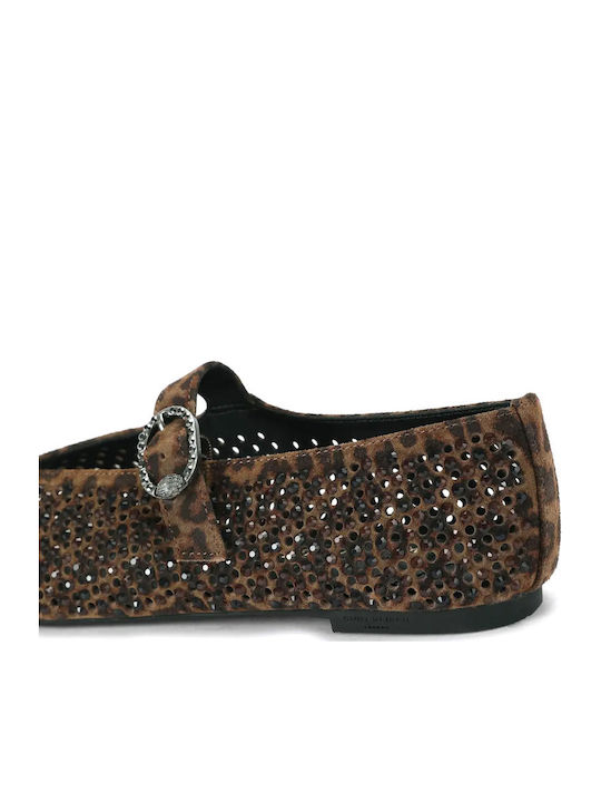 Suede Women's Ballerina Shoes With Strap Brown
