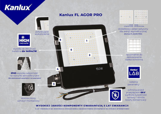 Kanlux Pro Wasserdichter LED Flutlichter 150W Natürliches Weiß 4000K IP65