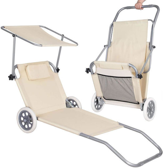 Șezlong De Plajă Bej Pliabil Din Plastic Cu Parasolar 150x61cm