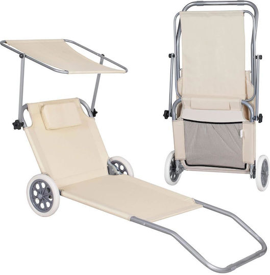 Șezlong De Plajă Bej Pliabil Din Plastic Cu Parasolar 150x61cm