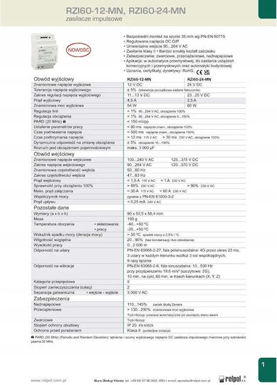 Relpol Τροφοδοτικό Ράγας με Έξοδο 24V και Ισχύ 60W 2.5A