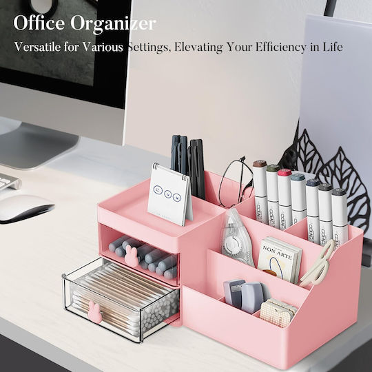 Office Storage Box Flippy Makeup Stationery Cosmetics Organizer 2 Drawers Multiple Compartments Bunny Design Plastic 27.5x15.5x12 Cm Pink