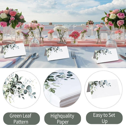 Set 50 Carduri de Masă Tip Cort Evenimente 9 X 10 Cm Pliate 9 X 5 Cm Elegant Model Botanic Frunze Verzi Carton Preasamblat Prepliat Nunți Botezuri Aniversări Sărbători Mărturii