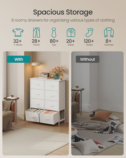 Chest of Drawers from Wood & Metal with 8 Drawers White with Fabric Lining 76.7x30x96.2cm