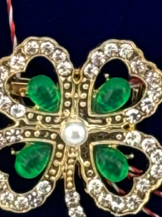 Martisor Placat Cu Aur 24k Brosa Jolie Marime 2-3 Cm Model Trifoi Pietre Verzi