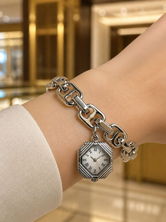Women's Watch Battery with Stainless Steel Bracelet Silver/White