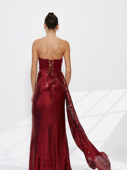 Καλοκαιρινό Maxi Βραδινό Φόρεμα Strapless Σατέν με Διαφάνεια Μπορντό
