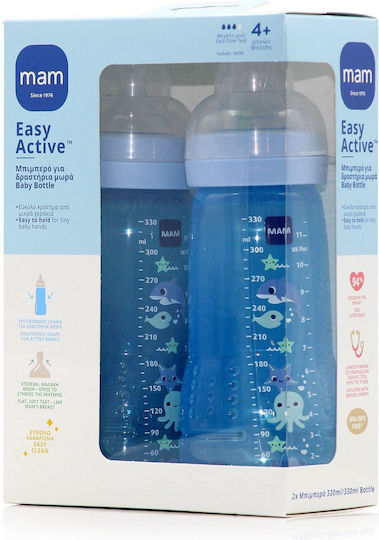 Mam Set Plastic Baby Bottles Anti-colic with Silicone Teat for 4+ Months Blue Dolphin - Blue 330ml 2 Pieces