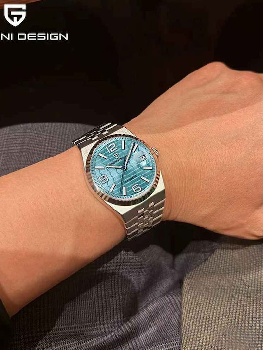 Pagani Design Ανδρικό Ρολόι 40.5mm Αυτόματο με Ατσάλινο Μπρασελέ Sky Blue