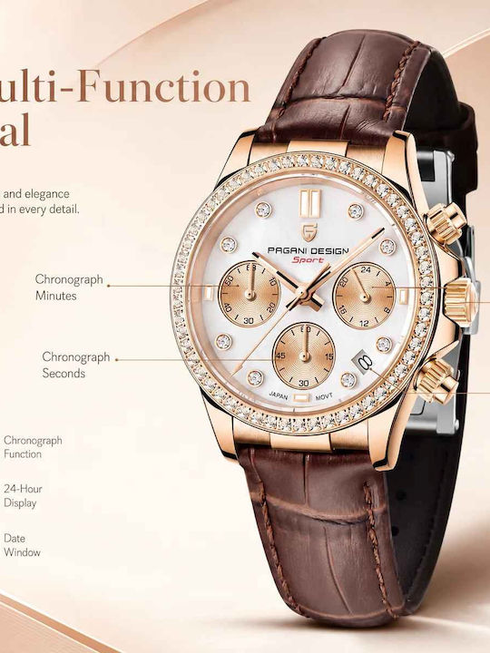 Ceas Dama 36mm Cronograf Cu Baterie Cu Curea Din Piele Rose Gold/Maro