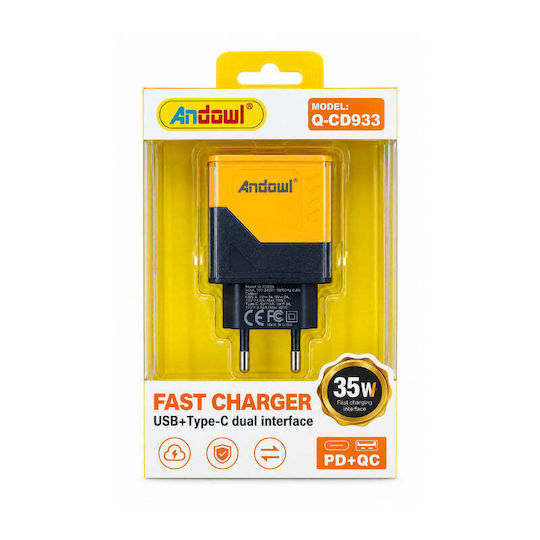 Andowl Φορτιστής Χωρίς Καλώδιο με Θύρα USB-A και Θύρα USB-C 35W Power Delivery Μαύρος (Q-CD933)