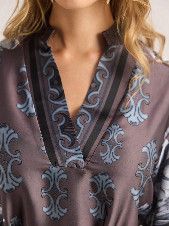 Damen Bluse mit 3/4 Ärmel V-Ausschnitt Grau