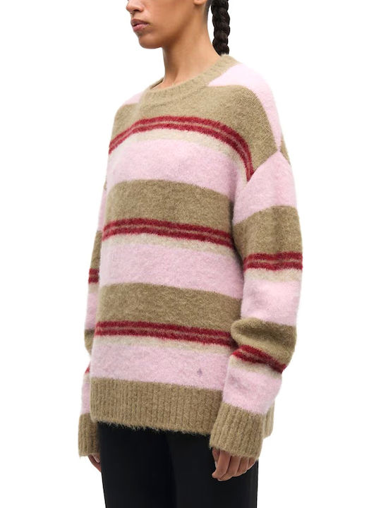 Women's Woolen Striped Red-Beige-Pink Sweater