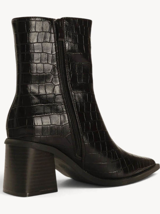 Brown Crocodile Ankle Boots Pointed Toe With Geometric Heel