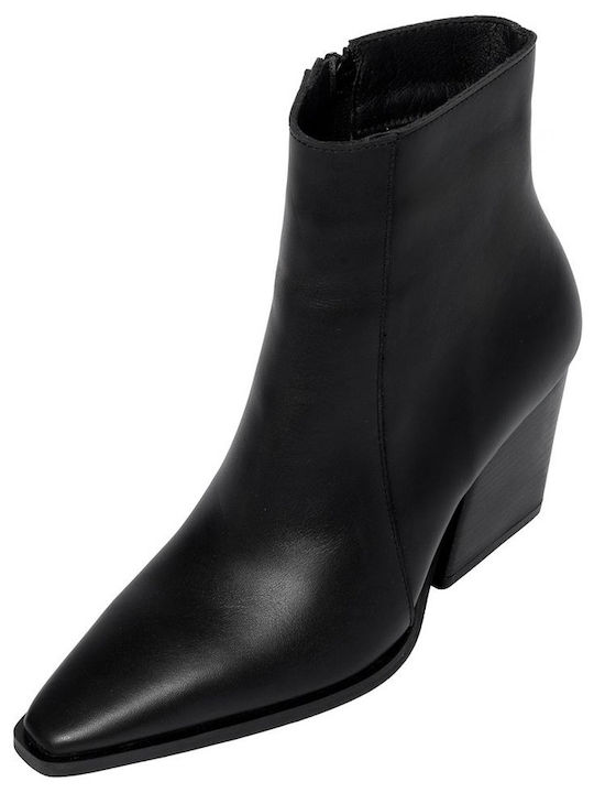 Leather Women's Cowboy Ankle Boots with High Heel Black
