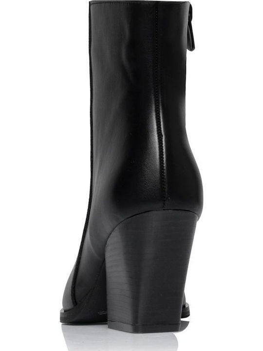 Leather Women's Cowboy Ankle Boots with High Heel Black