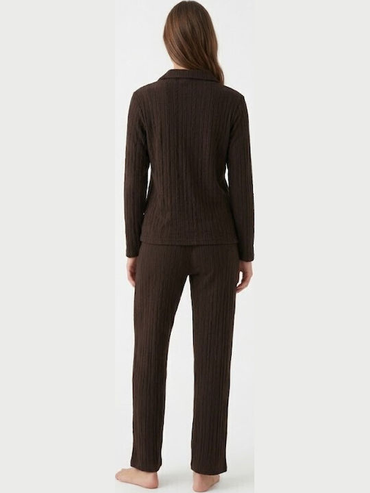 Soccus Winters Schlafanzug Set für Damen Baumwollene Dunkelbraune