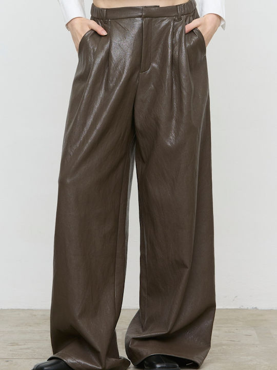 Women's Leather Pantaloons with Rubber Band in Loose Fit Brown