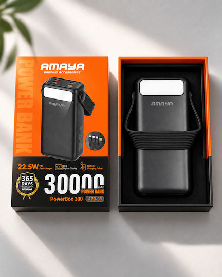 Amaya Powerbox 300 Apb-30 Външна Батерия 30000mAh 22.5W Вградени Кабели Цифров Дисплей Led Осветление Черен