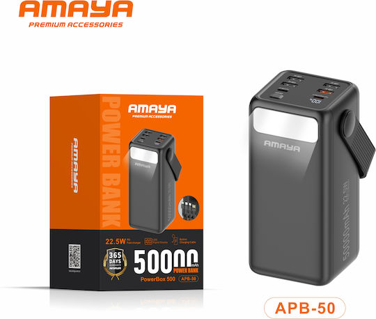 Amaya Apb-50 Външна Батерия 50000mah 22.5w Вградени Кабели Цифров Дисплей Led Осветление Черен