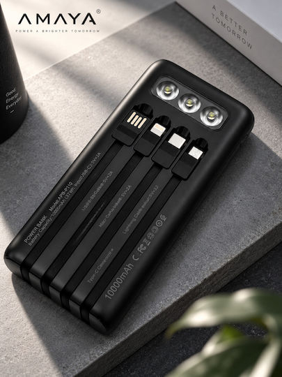Amaya Apb-p110 Външна Батерия 10000mah 12w Вградени Кабели Led Фенер Черен